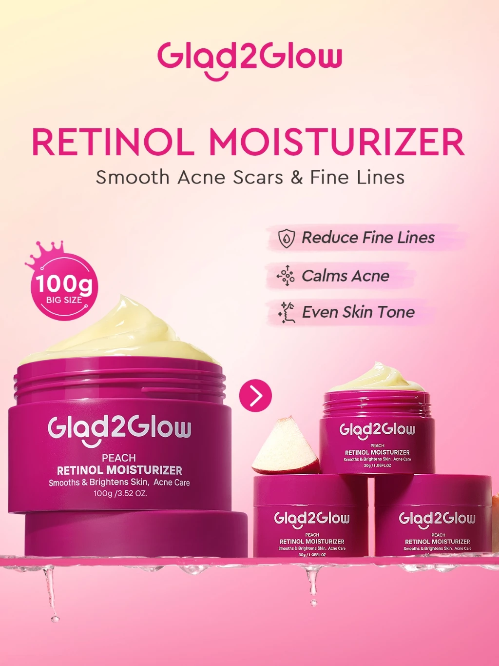 Glad2Glow Peach Retinol Moisturizer Smooth Acne Scar Prone Skin Day Night Face Cream Anti Aging Fine Lines Skincare