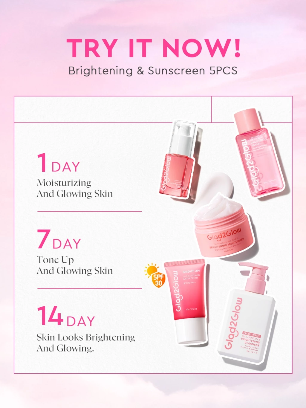 Glad2Glow 5PCS Skincare Set Moisturizer,Sunscreen,Cleanser,Serum,Toner