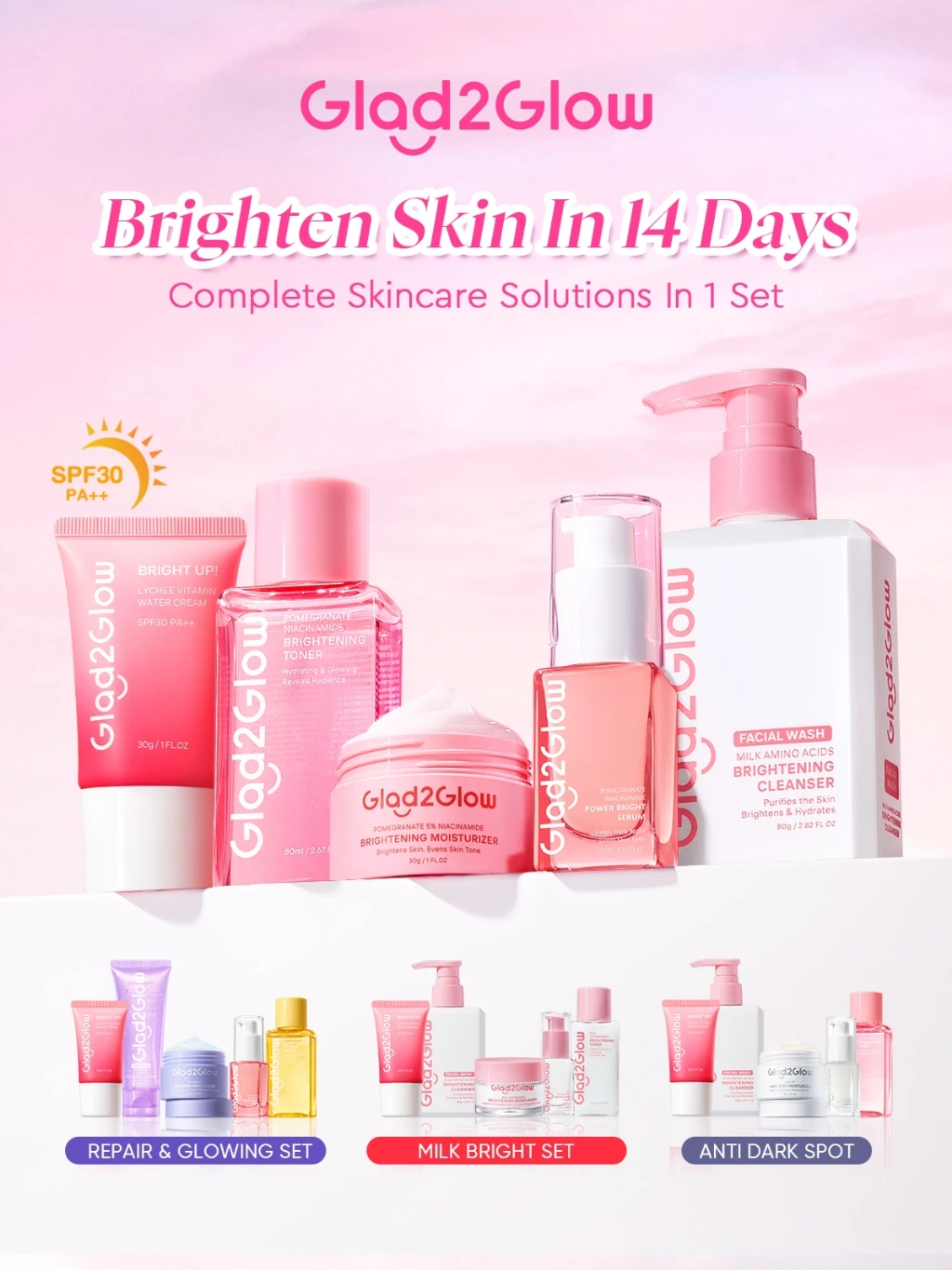 Glad2Glow 5PCS Skincare Set Moisturizer,Sunscreen,Cleanser,Serum,Toner