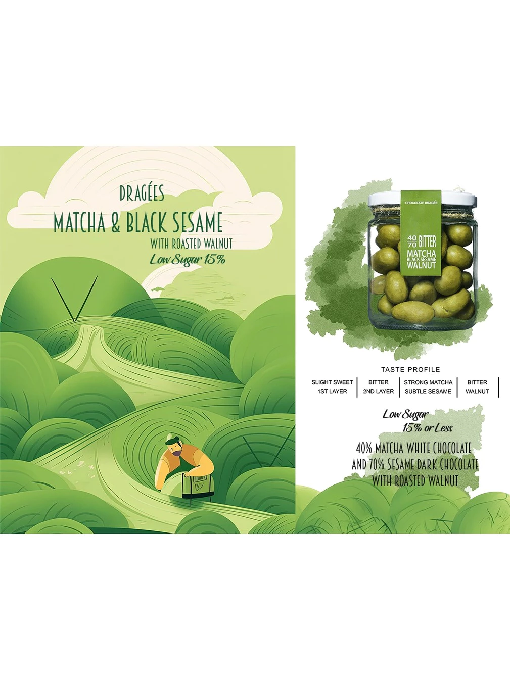 Lemistry 40% Low Sugar Matcha Black Sesame with Walnut Dragées Cocoa Nut Snacks Chocolate Food