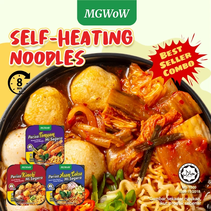 MGWoW Halal Ready To Eat Instant Self-Heating Noodles 215g Travel Food -Tomyam - Kimchi - Combo