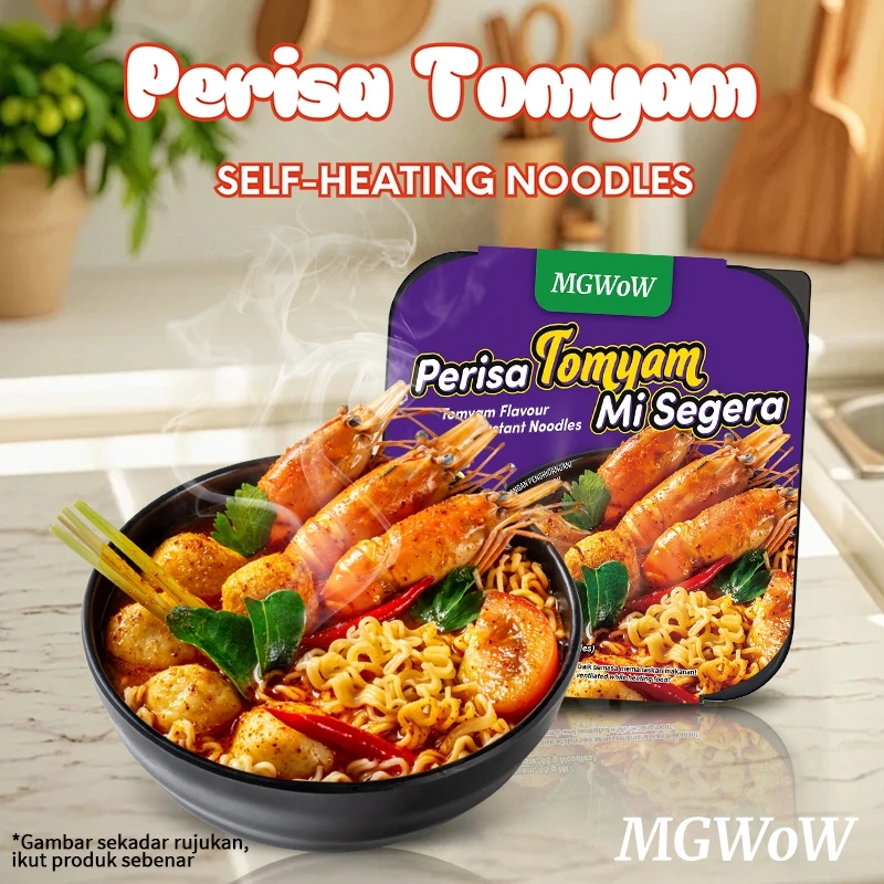 MGWoW Halal Ready To Eat Instant Self-Heating Noodles 215g Travel Food -Tomyam - Kimchi - Combo