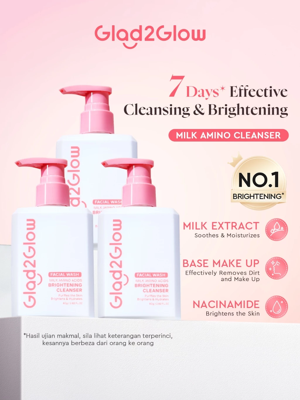 Glad2Glow Milk Amino Acid Gentle Cleanser Face Wash Brighten Hydrating pencuci muka skincare facial wash Oil Control