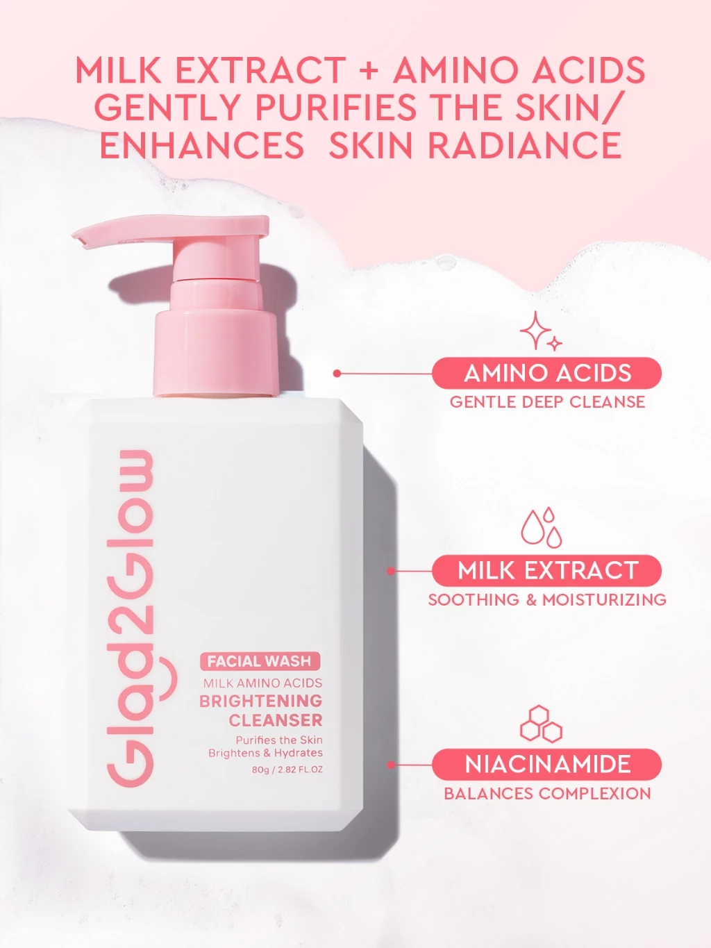Glad2Glow Milk Amino Acid Gentle Cleanser Face Wash Brighten Hydrating pencuci muka skincare facial wash Oil Control