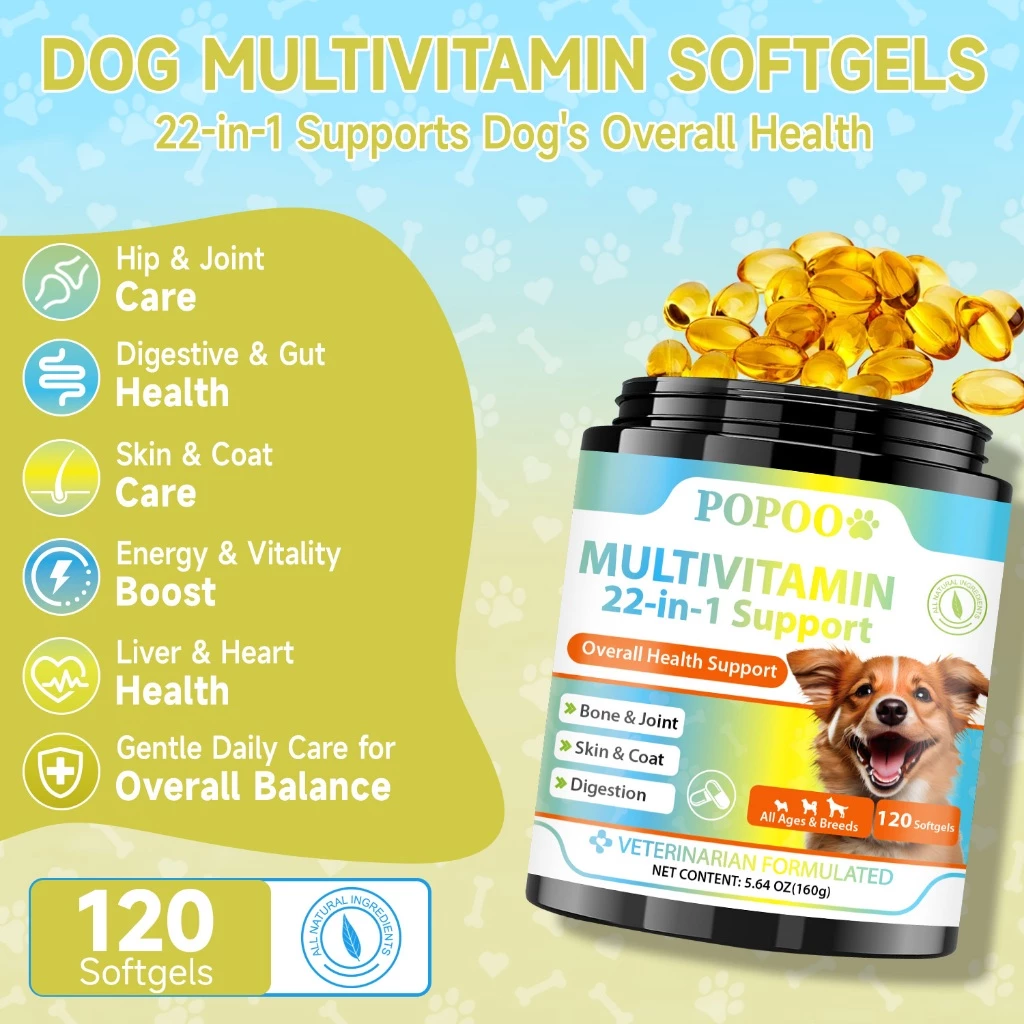 Popoo Multivitamin Supplement 22 in 1 for Dog Overall Health Support Dog Vitamin Treats 120 Softgels