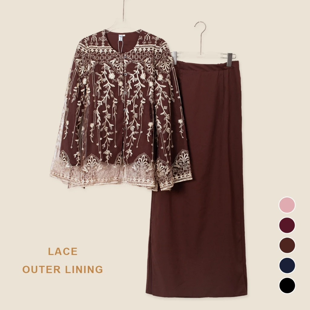 Elegant Malaysian Lace Kebaya Set with Outer Lining - Floral Embroidery