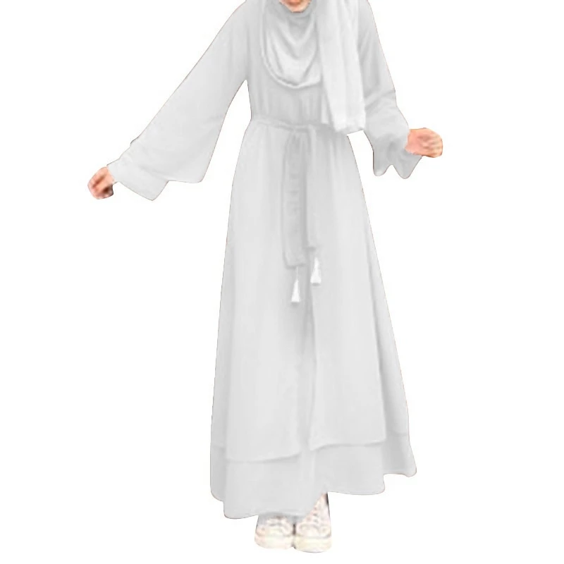 Women Vintage Solid Double Layer Muslim Casual Long Sleeve Maxi Sundress White Long Dress