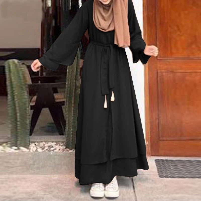 Women Vintage Solid Double Layer Muslim Casual Long Sleeve Maxi Sundress White Long Dress
