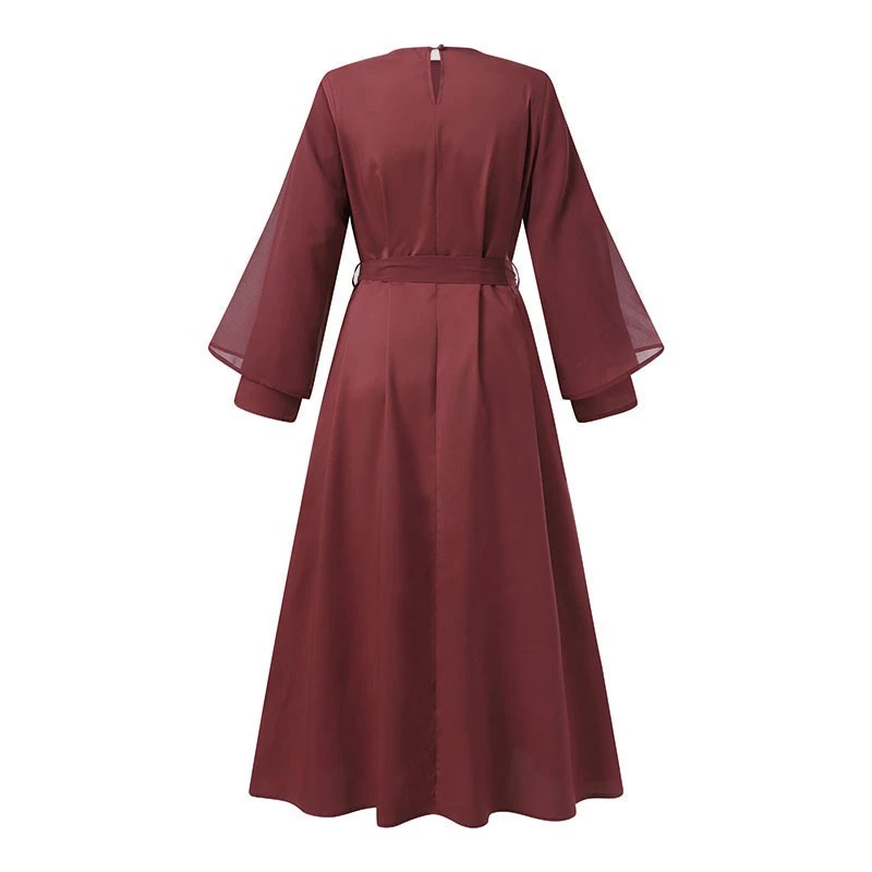 Women Vintage Solid Double Layer Muslim Casual Long Sleeve Maxi Sundress White Long Dress