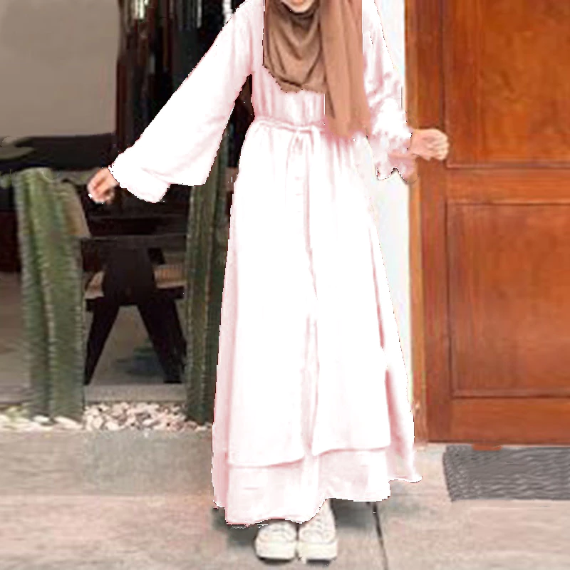 Women Vintage Solid Double Layer Muslim Casual Long Sleeve Maxi Sundress White Long Dress