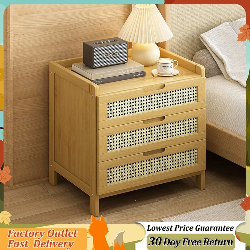Bedside Table Bamboo With Drawer Bedroom Storage Cabinet Meja Tepi Katil Solid Wood Nightstand