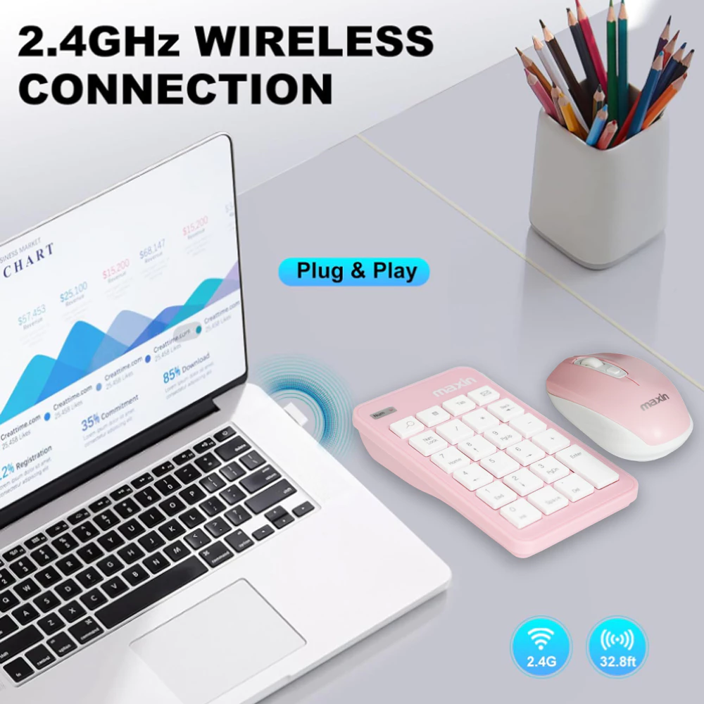 Mini Keyboard Wireless Pink 2 in 1 Combo 23 Key Numeric Pad +Silent Mouse Ultra-Light for PC/Laptop