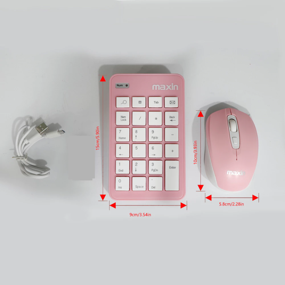 Mini Keyboard Wireless Pink 2 in 1 Combo 23 Key Numeric Pad +Silent Mouse Ultra-Light for PC/Laptop