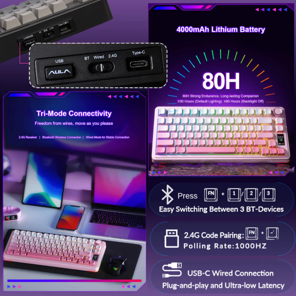 AULA S75PRO RGB Mechanical Keyboard Wireless /Wired LCD Screen & Multi-Function Knob Hot-Swappable