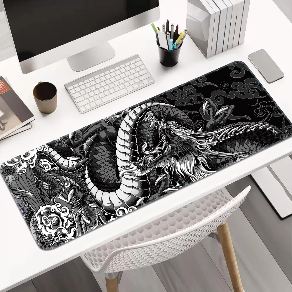 Black and White Dragon Mouse Pad Extended Large Gaming Mousepads with Stitched Edge Desk Pad For Home Office