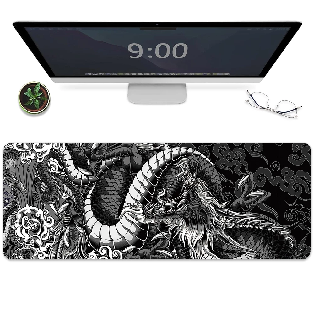 Black and White Dragon Mouse Pad Extended Large Gaming Mousepads with Stitched Edge Desk Pad For Home Office