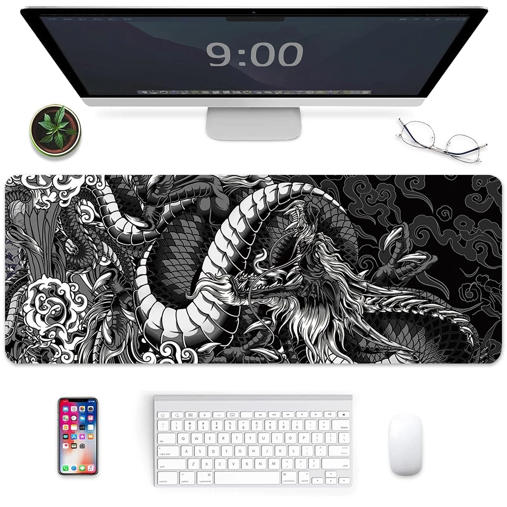 Black and White Dragon Mouse Pad Extended Large Gaming Mousepads with Stitched Edge Desk Pad For Home Office