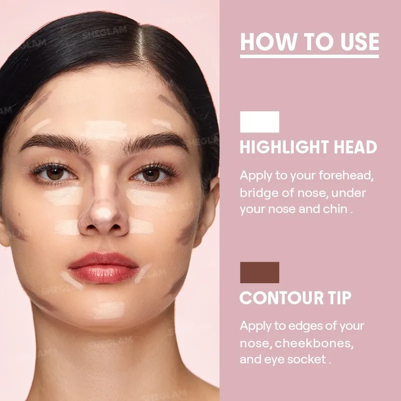 SHEGLAM 2 In 1 Fine Line Nose Contour & Highlighter Pen Non-Greasy 4 Colors Face Bronzer Pen Makeup