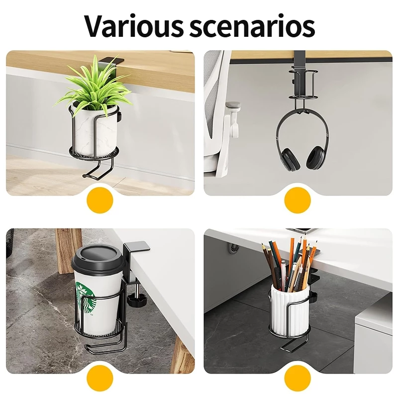 1-in-1 Desktop Cup Holder with Headphone Hanger - 360° Rotating Clip for Office & Gaming Desks