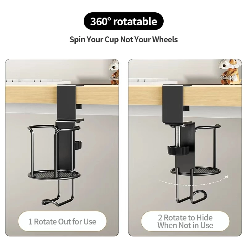 1-in-1 Desktop Cup Holder with Headphone Hanger - 360° Rotating Clip for Office & Gaming Desks
