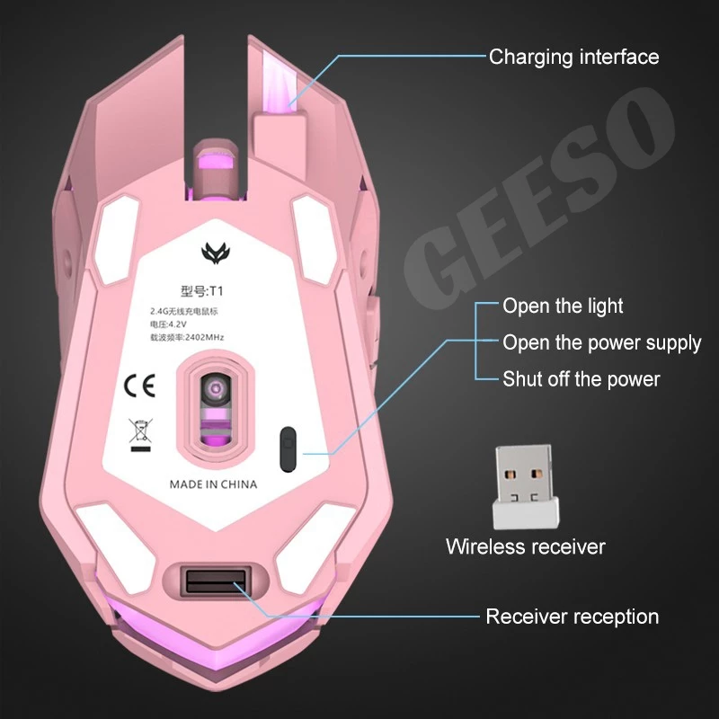 GEESO T1 Wireless Mouse 2.4G Computer Mouse Laptop USB Rechargeable Mute Backlit Mouse Cute Gaming Mouse Wireless