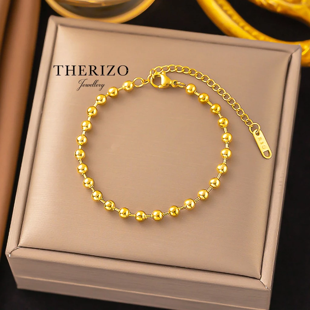 Therizo Titanium Round Beads Yellow Gold Bracelet Gelang Tidak Berkarat