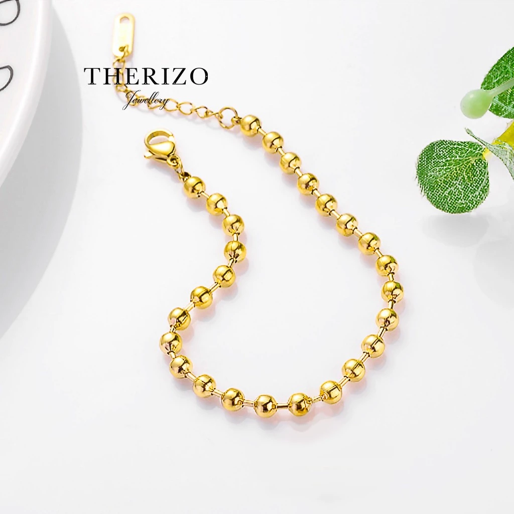 Therizo Titanium Round Beads Yellow Gold Bracelet Gelang Tidak Berkarat