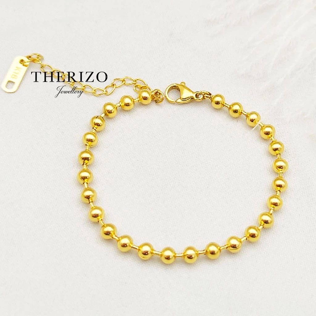 Therizo Titanium Round Beads Yellow Gold Bracelet Gelang Tidak Berkarat