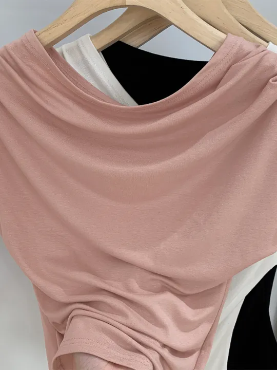 French one shoulder short sleeved women's T-shirt spicy girl pleated short top