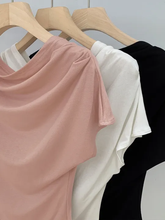 French one shoulder short sleeved women's T-shirt spicy girl pleated short top