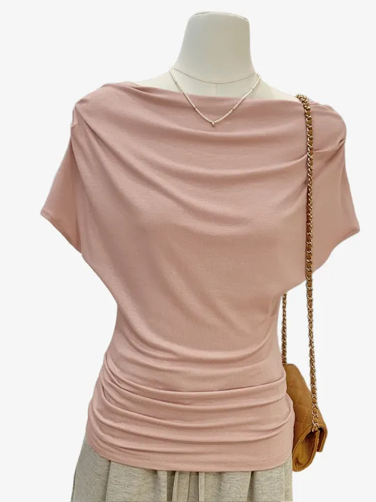 French one shoulder short sleeved women's T-shirt spicy girl pleated short top