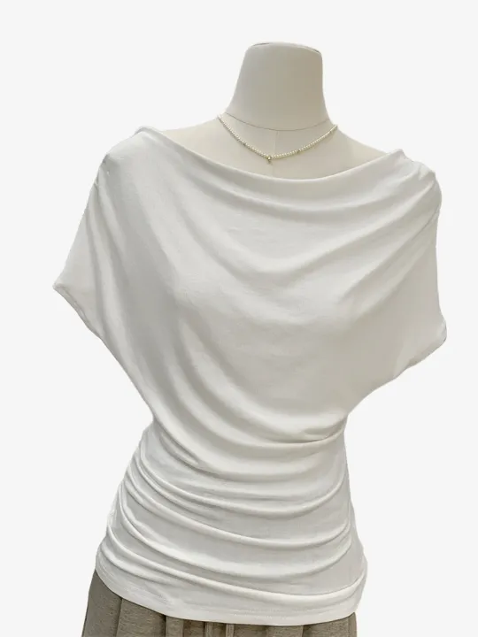 French one shoulder short sleeved women's T-shirt spicy girl pleated short top