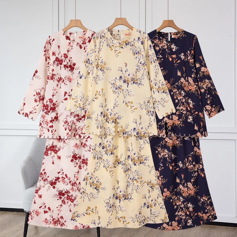 [Nayla.z]Dewasa Saiz36-52(S-6XL)Set Baju Kurung(T37161)Sedondon CorakBunga Bersulam MiniModenSlimFit