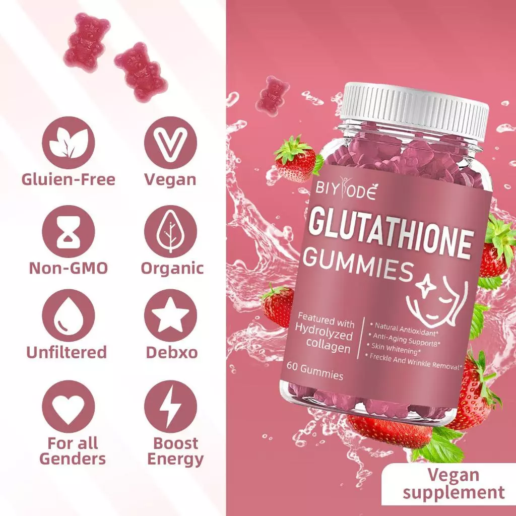 24h-BIYODE Glutathione Collagen Gummies Whitening Glow Anti-Aging Gummies Vitamin Beauty Gummies 60p