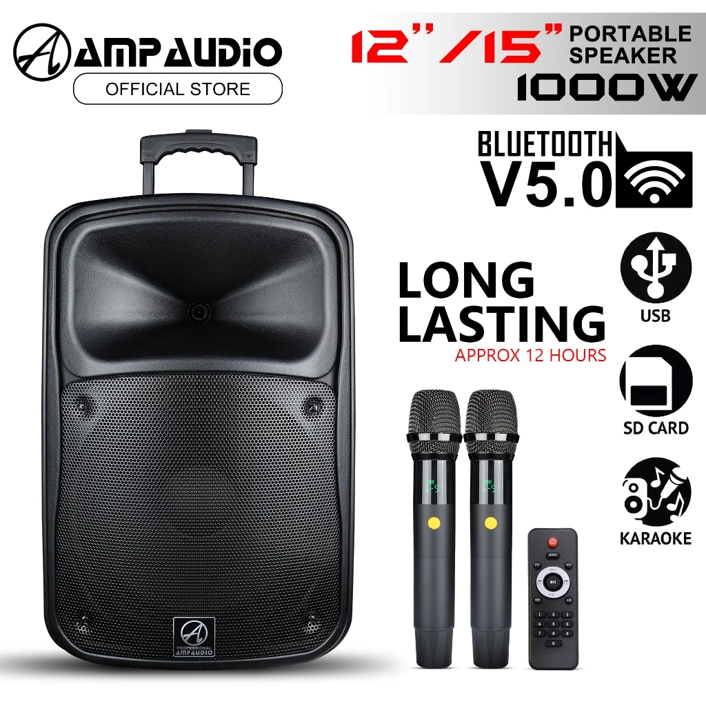 Ampaudio Portable 12/15 Inch Bluetooth Portable Speaker With 2 Wireless Mic