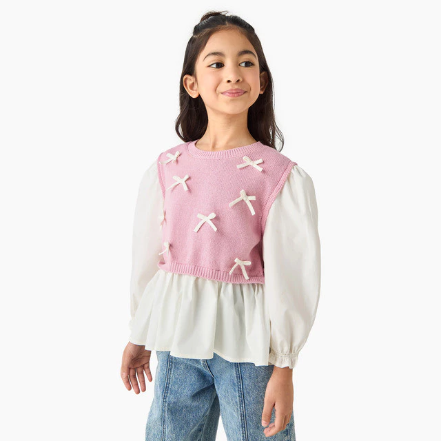 Babyshop Juniors Girls Peplum Top With Bow Accent - Cotton Blend - Long Sleeves - Round Neck