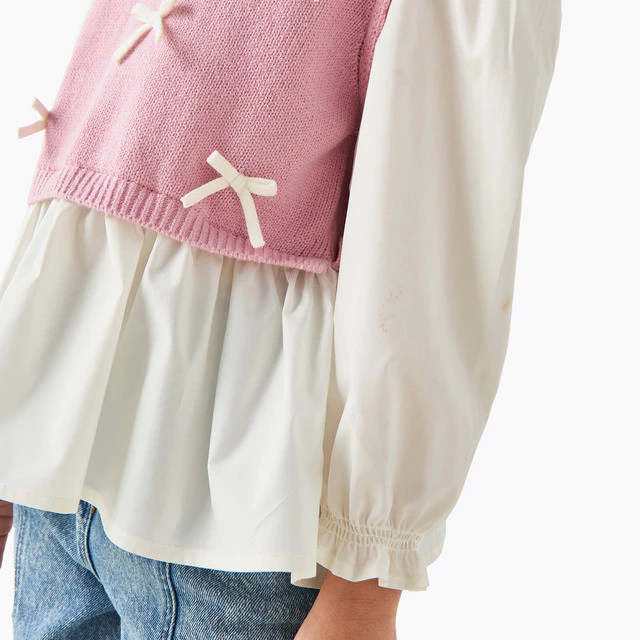 Babyshop Juniors Girls Peplum Top With Bow Accent - Cotton Blend - Long Sleeves - Round Neck