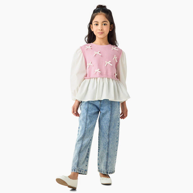 Babyshop Juniors Girls Peplum Top With Bow Accent - Cotton Blend - Long Sleeves - Round Neck
