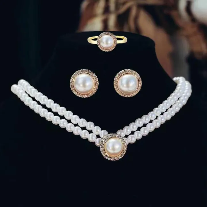 【YIDEA HONGKONG】Fashion Double Layer Pearl Necklace Round Pearl Pendant Clavicle Chain Elegant Pearl Collar Choker Stud Earrings Rings Jewelry Set