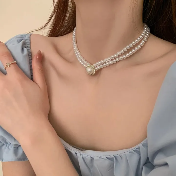 【YIDEA HONGKONG】Fashion Double Layer Pearl Necklace Round Pearl Pendant Clavicle Chain Elegant Pearl Collar Choker Stud Earrings Rings Jewelry Set