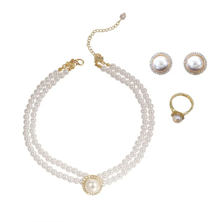【YIDEA HONGKONG】Fashion Double Layer Pearl Necklace Round Pearl Pendant Clavicle Chain Elegant Pearl Collar Choker Stud Earrings Rings Jewelry Set