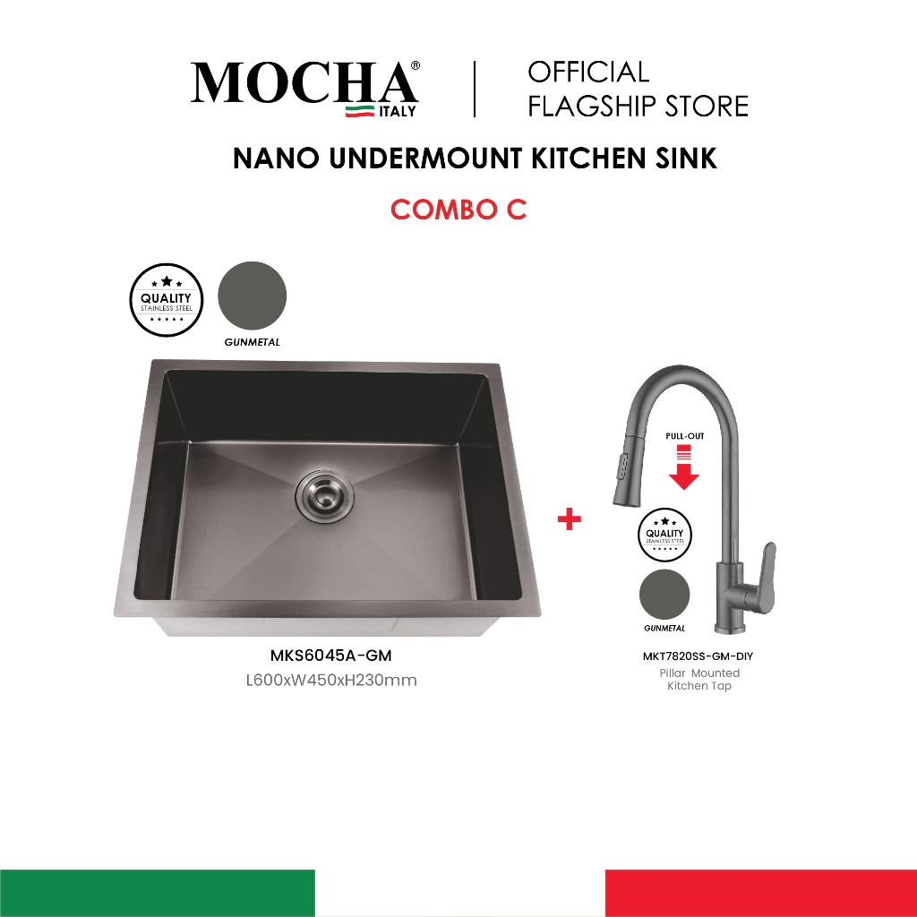 Stainless Steel 304 Material Nano Kitchen Sink With Pull Out Tap (60cm) MKS6045A-GM