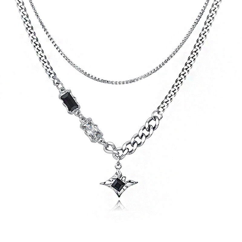 Minimalist Black Diamond Necklace Double Layer Silver Alloy Choker for Men Women