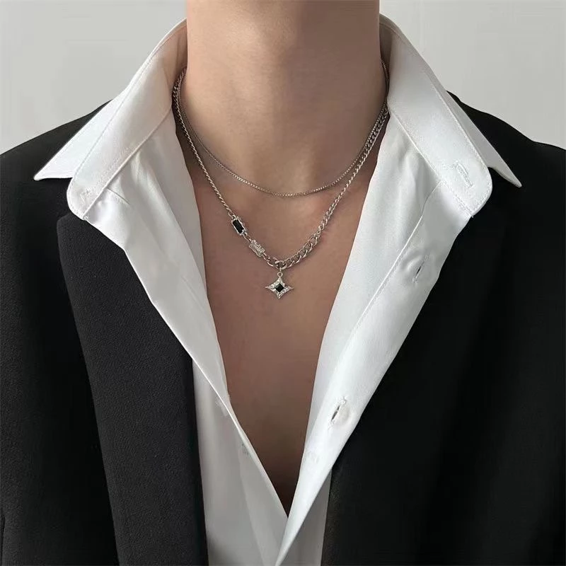 Minimalist Black Diamond Necklace Double Layer Silver Alloy Choker for Men Women