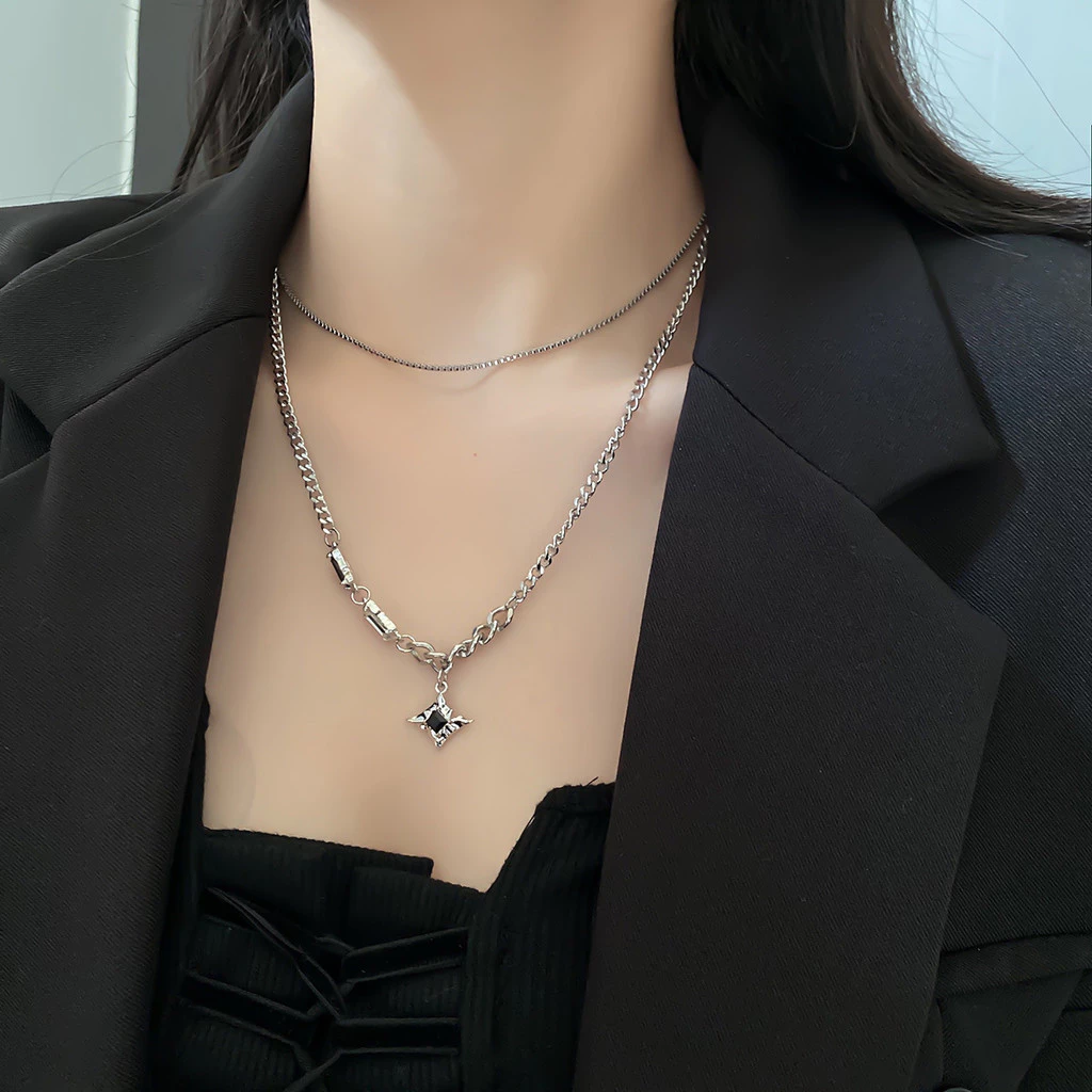 Minimalist Black Diamond Necklace Double Layer Silver Alloy Choker for Men Women