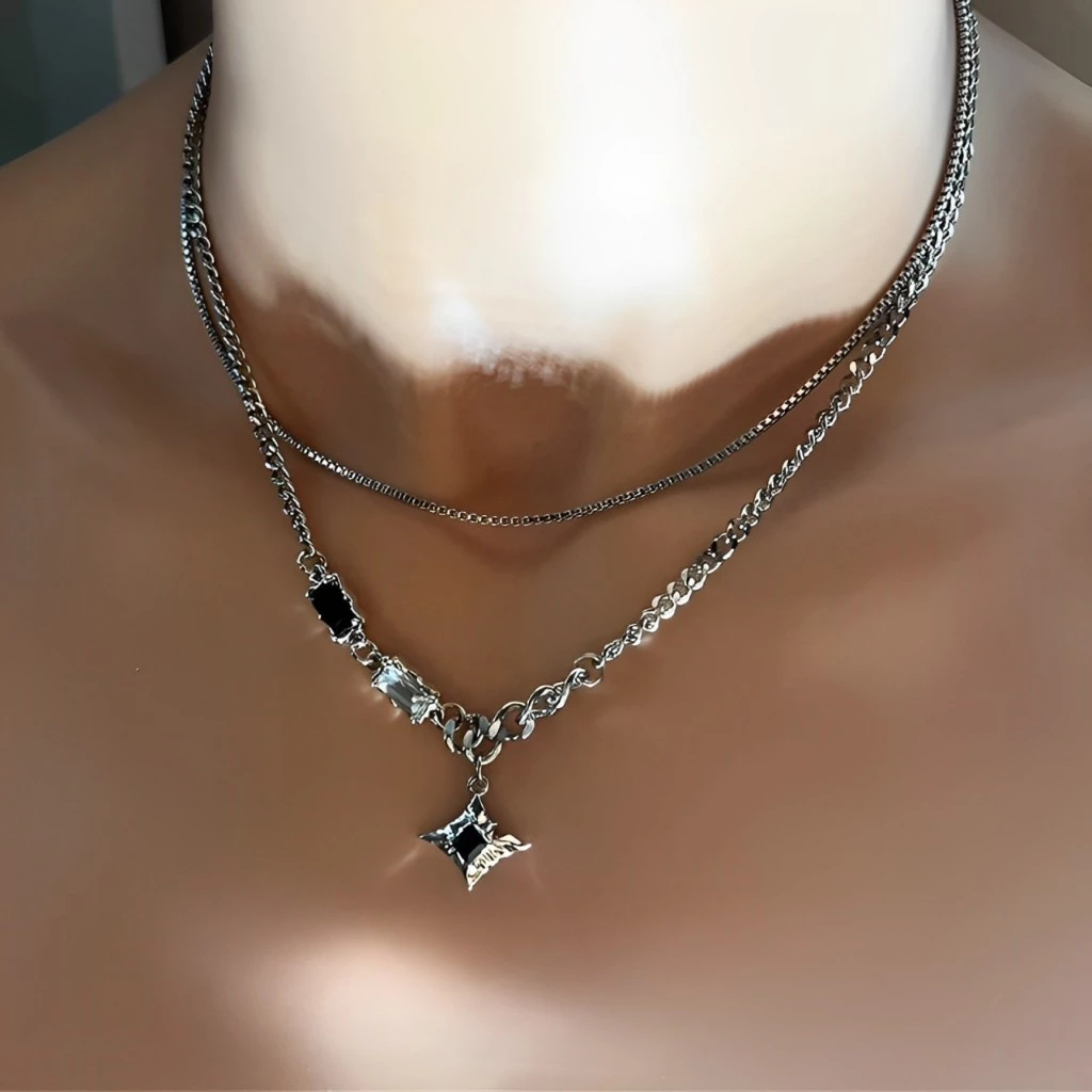 Minimalist Black Diamond Necklace Double Layer Silver Alloy Choker for Men Women
