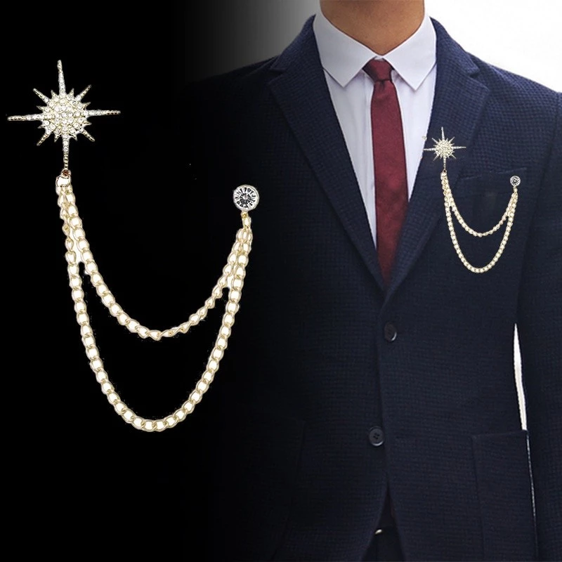 Crystal Tassel Chain Pin Men Women Suit Shirt Collar Badge High-end Brooch Badge Pin