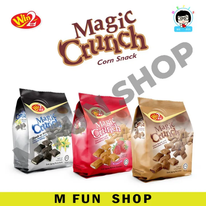 *Halal* Win2 Magic Crunch Snek Jagung Dengan Krim Isi Tengah Perisa Coklat / Strawberi / Vanila , Corn Snack With Centre Filled Cream Chocolate / Strawberry / Vanilla Flavor (70g)