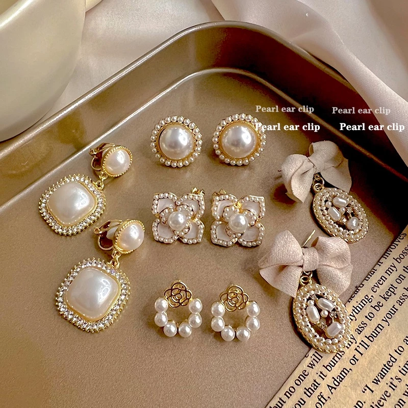 Muslim Pearl Ear Clip Set Korean Luxury Jewelry 925 Silver Earrings Without Piercing Retro Fashion Girl Accessories 2024 New Earrings