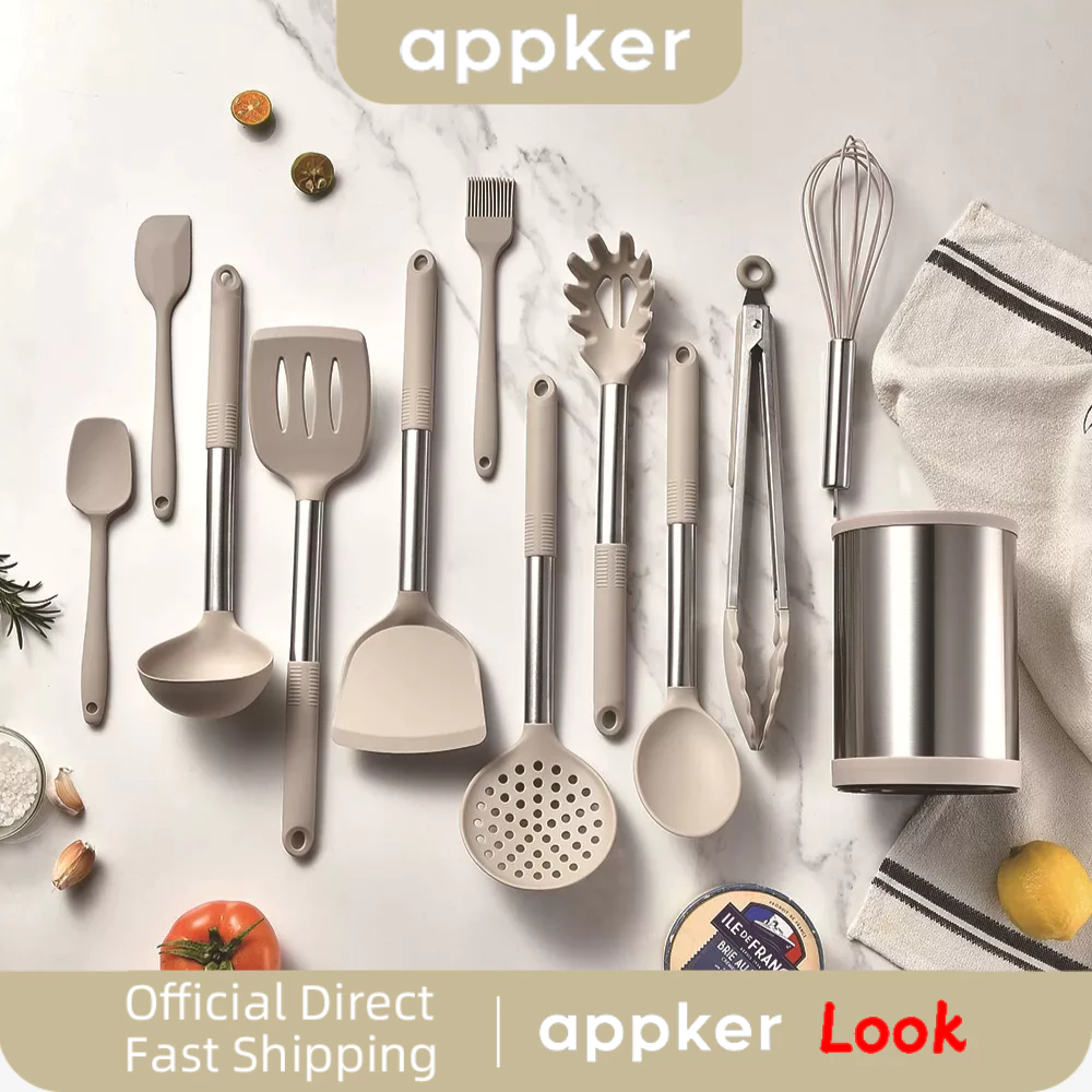 APPKER New Rotatable Storage Barrel Silicone Ladle Turner Spatula Tong Baking Cooking 12 pcs silicone Cooking tools Kitchen utensil set senduk